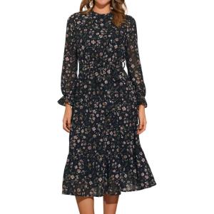 imageAllegra K Fall Casual Floral Dress for Women 2025 Long Sleeve Crew Neck Chiffon Midi Tea Party Ruffle DressesBlack