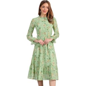imageAllegra K Fall Casual Floral Dress for Women 2025 Long Sleeve Crew Neck Chiffon Midi Tea Party Ruffle DressesGreen