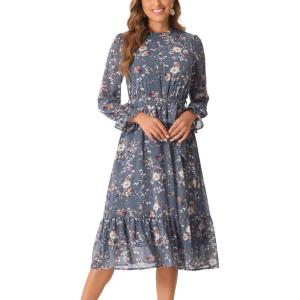 imageAllegra K Fall Casual Floral Dress for Women 2025 Long Sleeve Crew Neck Chiffon Midi Tea Party Ruffle DressesGrey Blue