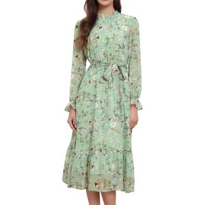 imageAllegra K Fall Casual Floral Dress for Women 2025 Long Sleeve Crew Neck Chiffon Midi Tea Party Ruffle DressesGrey Green