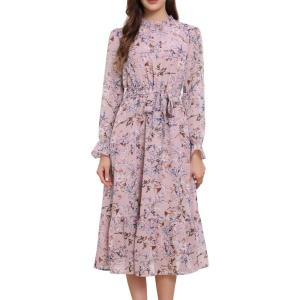 imageAllegra K Fall Casual Floral Dress for Women 2025 Long Sleeve Crew Neck Chiffon Midi Tea Party Ruffle DressesPink