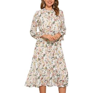 imageAllegra K Fall Casual Floral Dress for Women 2025 Long Sleeve Crew Neck Chiffon Midi Tea Party Ruffle DressesWhite