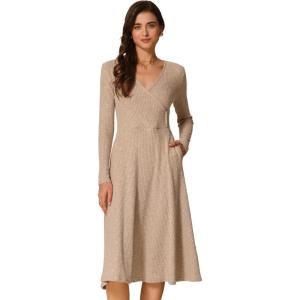 imageAllegra K Fall Long Sleeve Dresses for Womens Ribbed ALine Midi DressKhaki