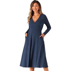 imageAllegra K Fall Long Sleeve Dresses for Womens Ribbed ALine Midi DressNavy Blue