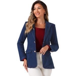 imageAllegra K Notched Lapel Blazer for Womens Denim Single Breasted Shoulder Pad Business Casual JacketsDark Blue