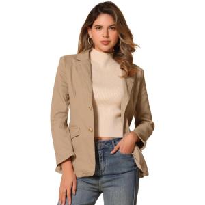 imageAllegra K Notched Lapel Blazer for Womens Denim Single Breasted Shoulder Pad Business Casual JacketsKhaki