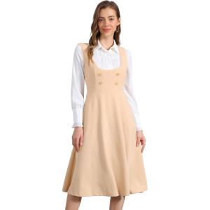 imageAllegra K Vintage Pinafore Dress for Womens Steampunk Button Decor Overalls Midi Dress with PocketsBeige