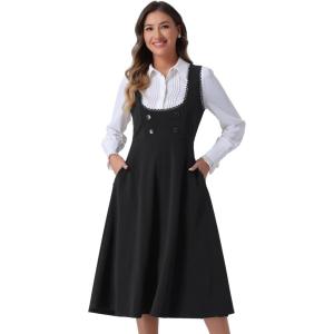 imageAllegra K Vintage Pinafore Dress for Womens Steampunk Button Decor Overalls Midi Dress with PocketsBlack