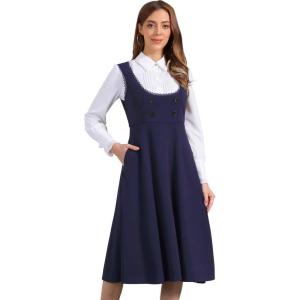 imageAllegra K Vintage Pinafore Dress for Womens Steampunk Button Decor Overalls Midi Dress with PocketsDark Blue