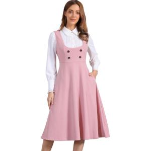 imageAllegra K Vintage Pinafore Dress for Womens Steampunk Button Decor Overalls Midi Dress with PocketsPink