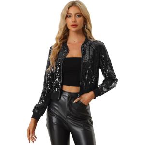 imageAllegra K Women Sequin Bomber Jackets Halloween Sparkly Long Sleeve Zip Front Shiny Cropped Jacket Glitter Party Disco OutfitBlack