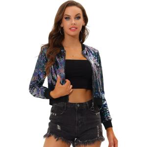 imageAllegra K Women Sequin Bomber Jackets Halloween Sparkly Long Sleeve Zip Front Shiny Cropped Jacket Glitter Party Disco OutfitBlack Rainbow