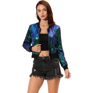 imageAllegra K Women Sequin Bomber Jackets Halloween Sparkly Long Sleeve Zip Front Shiny Cropped Jacket Glitter Party Disco OutfitGreen