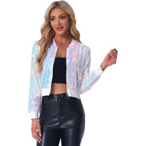 imageAllegra K Women Sequin Bomber Jackets Halloween Sparkly Long Sleeve Zip Front Shiny Cropped Jacket Glitter Party Disco OutfitLight Pink