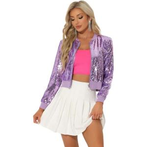 imageAllegra K Women Sequin Bomber Jackets Halloween Sparkly Long Sleeve Zip Front Shiny Cropped Jacket Glitter Party Disco OutfitLight Purple