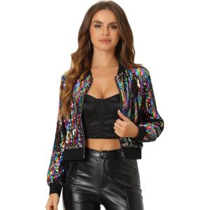 imageAllegra K Women Sequin Bomber Jackets Halloween Sparkly Long Sleeve Zip Front Shiny Cropped Jacket Glitter Party Disco OutfitMulticolor