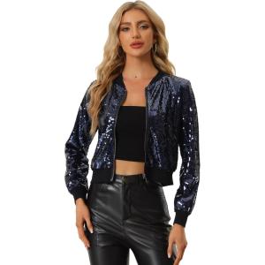 imageAllegra K Women Sequin Bomber Jackets Halloween Sparkly Long Sleeve Zip Front Shiny Cropped Jacket Glitter Party Disco OutfitNavy