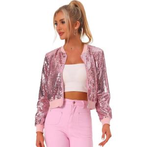 imageAllegra K Women Sequin Bomber Jackets Halloween Sparkly Long Sleeve Zip Front Shiny Cropped Jacket Glitter Party Disco OutfitPink