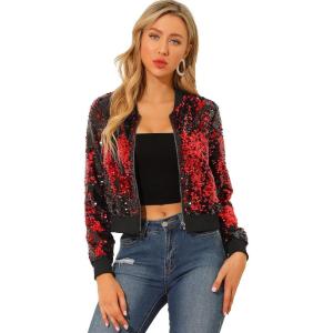 imageAllegra K Women Sequin Bomber Jackets Halloween Sparkly Long Sleeve Zip Front Shiny Cropped Jacket Glitter Party Disco OutfitRed