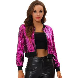 imageAllegra K Women Sequin Bomber Jackets Halloween Sparkly Long Sleeve Zip Front Shiny Cropped Jacket Glitter Party Disco OutfitRose Red