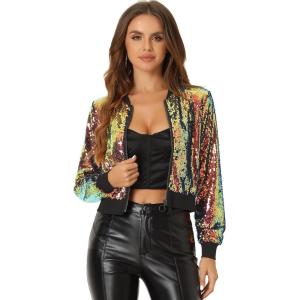 imageAllegra K Women Sequin Bomber Jackets Halloween Sparkly Long Sleeve Zip Front Shiny Cropped Jacket Glitter Party Disco OutfitShiny Orange