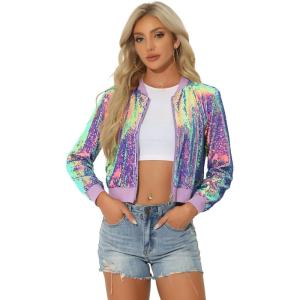 imageAllegra K Women Sequin Bomber Jackets Halloween Sparkly Long Sleeve Zip Front Shiny Cropped Jacket Glitter Party Disco OutfitShiny Purple