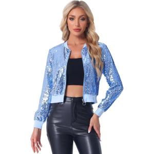 imageAllegra K Women Sequin Bomber Jackets Halloween Sparkly Long Sleeve Zip Front Shiny Cropped Jacket Glitter Party Disco OutfitSky Blue