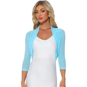 imageAllegra K Womens 34 Sleeve Sheer Mesh Shrug Open Front Cropped Bolero CardiganLight Blue