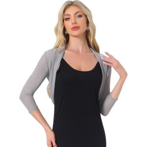 imageAllegra K Womens 34 Sleeve Sheer Mesh Shrug Open Front Cropped Bolero CardiganLight Grey