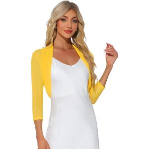 imageAllegra K Womens 34 Sleeve Sheer Mesh Shrug Open Front Cropped Bolero CardiganYellow