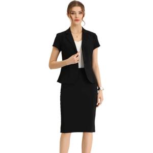 imageAllegra K Womens Business Skirt Suit Set Work Office Short Sleeve Blazer Jacket Pencil SkirtBlack