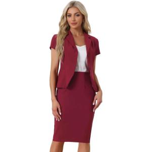imageAllegra K Womens Business Skirt Suit Set Work Office Short Sleeve Blazer Jacket Pencil SkirtDark Red