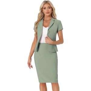 imageAllegra K Womens Business Skirt Suit Set Work Office Short Sleeve Blazer Jacket Pencil SkirtSea Green