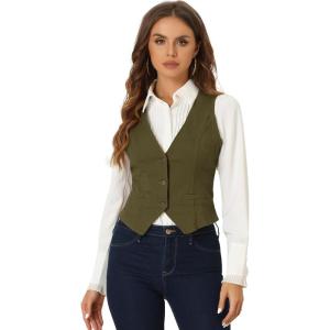 imageAllegra K Womens Denim Vest Waistcoat Button V Neck Western Casual Jean Sleeveless Crop JacketArmy Green