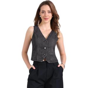imageAllegra K Womens Denim Vest Waistcoat Button V Neck Western Casual Jean Sleeveless Crop JacketBlack