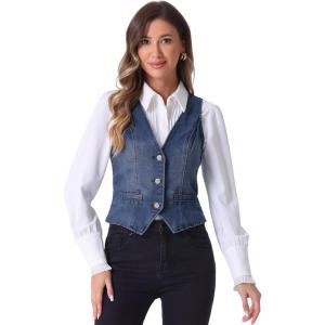 imageAllegra K Womens Denim Vest Waistcoat Button V Neck Western Casual Jean Sleeveless Crop JacketBlue