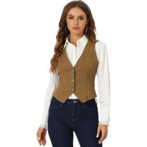 imageAllegra K Womens Denim Vest Waistcoat Button V Neck Western Casual Jean Sleeveless Crop JacketBrown