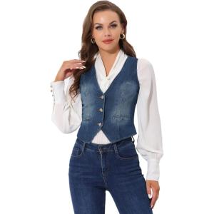 imageAllegra K Womens Denim Vest Waistcoat Button V Neck Western Casual Jean Sleeveless Crop JacketDark Blue