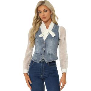 imageAllegra K Womens Denim Vest Waistcoat Button V Neck Western Casual Jean Sleeveless Crop JacketDusty Blue