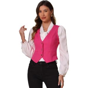 imageAllegra K Womens Denim Vest Waistcoat Button V Neck Western Casual Jean Sleeveless Crop JacketHot Pink