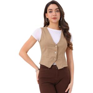 imageAllegra K Womens Denim Vest Waistcoat Button V Neck Western Casual Jean Sleeveless Crop JacketKhaki
