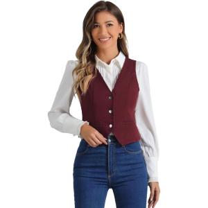 imageAllegra K Womens Denim Vest Waistcoat Button V Neck Western Casual Jean Sleeveless Crop JacketWine Red