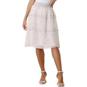 imageAllegra K Womens Floral Skirts Summer Chiffon Smocked Elastic Waist ALine Below Knee Length Ruffle Tiered SkirtWhite1