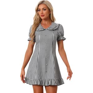 imageAllegra K Womens Gingham Checks Ruffled Peter Pan Collar Cute Mini DressBlack White