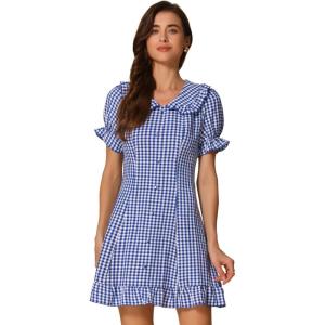 imageAllegra K Womens Gingham Checks Ruffled Peter Pan Collar Cute Mini DressBlue