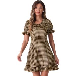 imageAllegra K Womens Gingham Checks Ruffled Peter Pan Collar Cute Mini DressDark Brown