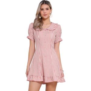 imageAllegra K Womens Gingham Checks Ruffled Peter Pan Collar Cute Mini DressDark Pink
