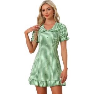 imageAllegra K Womens Gingham Checks Ruffled Peter Pan Collar Cute Mini DressGreen White
