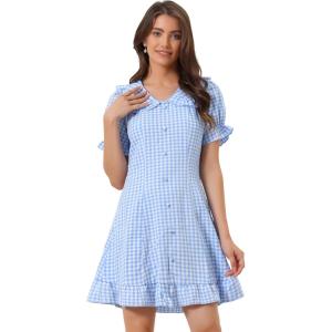imageAllegra K Womens Gingham Checks Ruffled Peter Pan Collar Cute Mini DressLight Blue