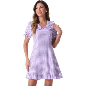 imageAllegra K Womens Gingham Checks Ruffled Peter Pan Collar Cute Mini DressLight Purple